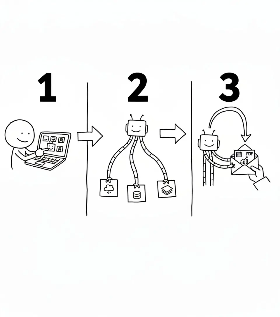 Process flow illustration showing the three steps of agent automation